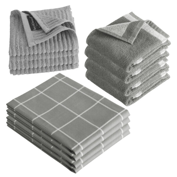 Byrklund Keukenset Clean & Dry Grijs - 12 delig - Theedoeken, Keukendoeken & Vaatdoeken